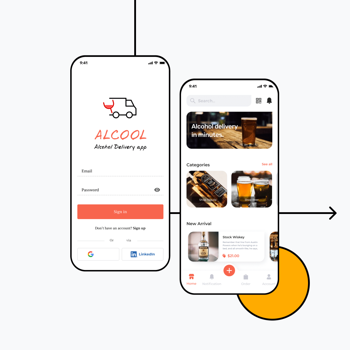 Liquor delivery app with home and login screen