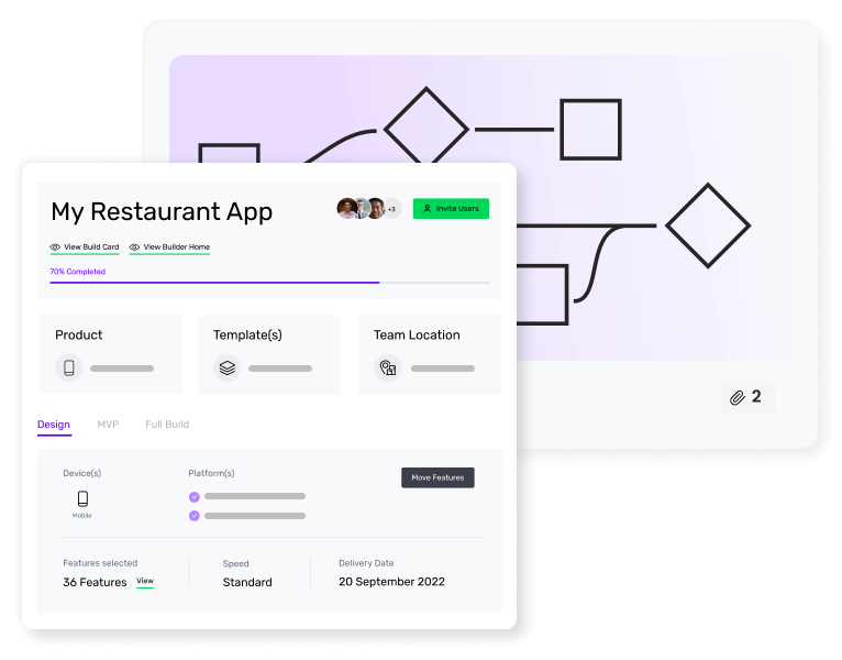 Builder.ai app development platform dashboard with project flow