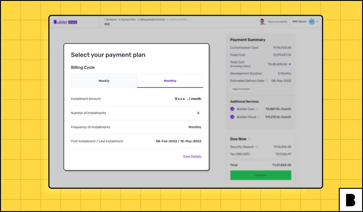 Payment plan screen for Builder Studio