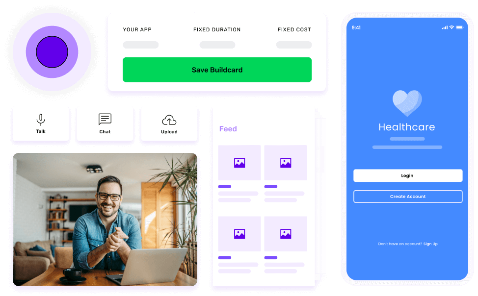 A concept of healthcare app development, featuring a login screen, design elements, and an image of an individual using a laptop.