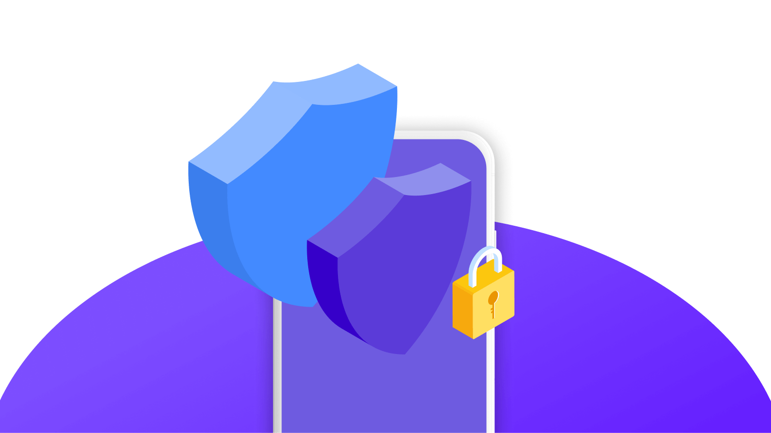 A concept of mobile app security highlighting two overlapping 3D shield shapes in the shades of blue and purple, featuring a yellow padlock with a keyhole in the lower right corner and a mobile frame in the background. The concept demonstrates digital security or protection.