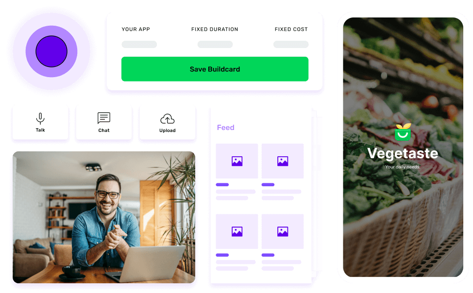 A concept of vegetable delivery app development features Vegetaste’s splash screen and design components alongside an image of a person working on his laptop.