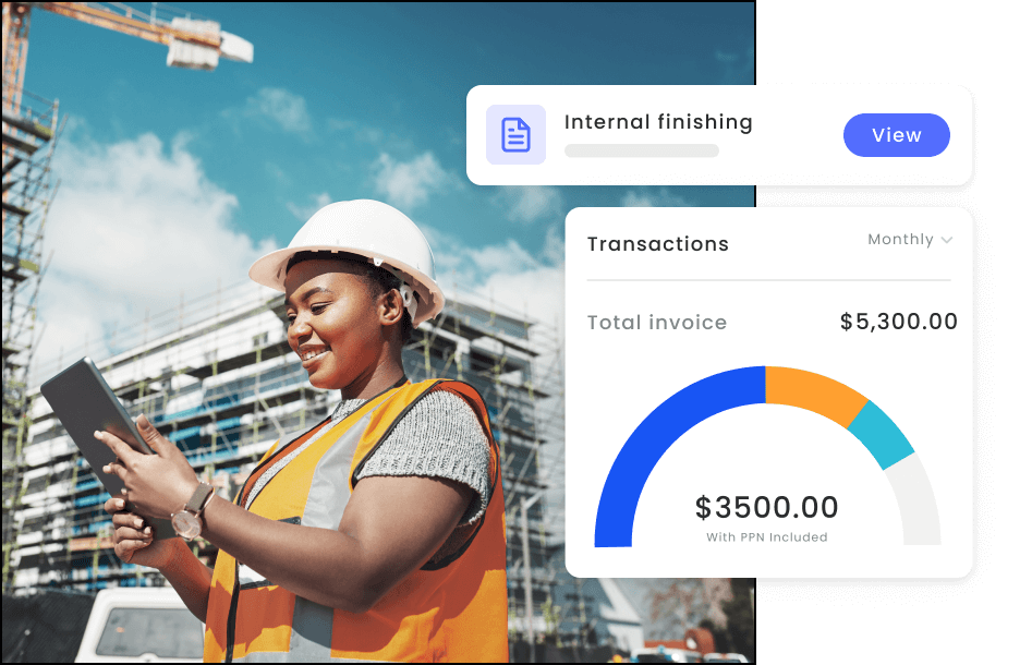 A construction worker in a white hard hat and high-visibility vest is reviewing financial data on a tablet at a construction site. The digital overlay visible on the tablet screen includes a pie chart labeled ‘Total invoice $5,300.00’ and details of ‘Transactions Monthly’ with ‘$3500.00 with PPN included.’