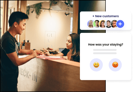 An image of a hotel reception area with two individuals. One individual appears to be a staff member standing behind the check-in counter, and the other seems to be a customer interacting with the staff. On the right side of the image, there is an overlay graphic showing a customer feedback interface asking ‘How was your staying?’ with options for a happy face or a sad face emoji.