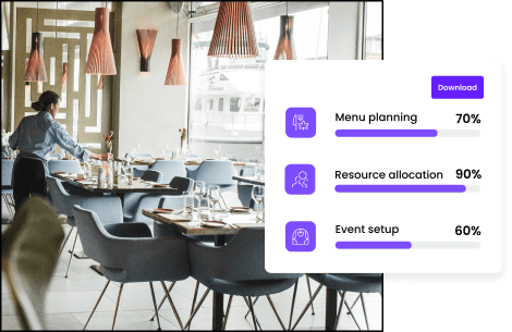 The image depicts a professional setting where a person is working at a dining table that is set with plates, glasses, and napkins. In the foreground, there’s a digital overlay showing a purple interface with icons and progress bars indicating ‘Menu planning 70%’, ‘Resource allocation 90%’, and ‘Event setup 60%’ next to a download button.