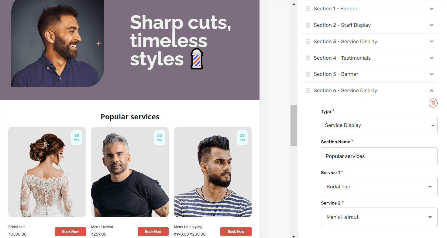 Studio Store home page section customisation feature for salon websites.