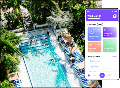 An aerial view of a swimming pool surrounded by lush greenery. The pool has several lounge chairs on the deck and one person swimming in the water. In the top right corner, there is an overlay of a digital planner interface with dates and tasks listed.
