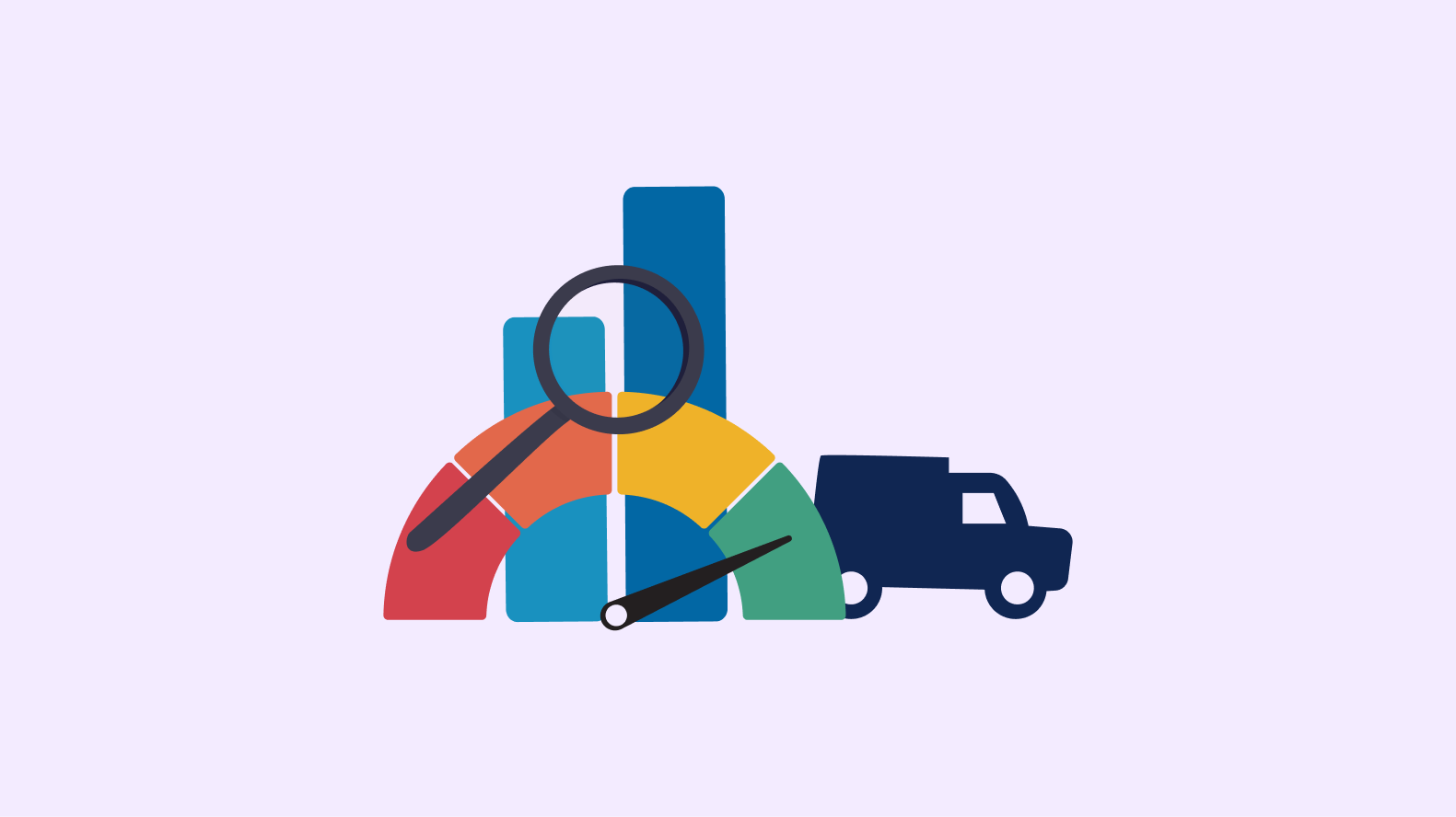 A stylised graphic with a purple background featuring a blue bar graph, a colourful pie chart, a magnifying glass overlapping the pie chart and a small dark blue truck. The image represents data analysis of shipping in ecommerce.