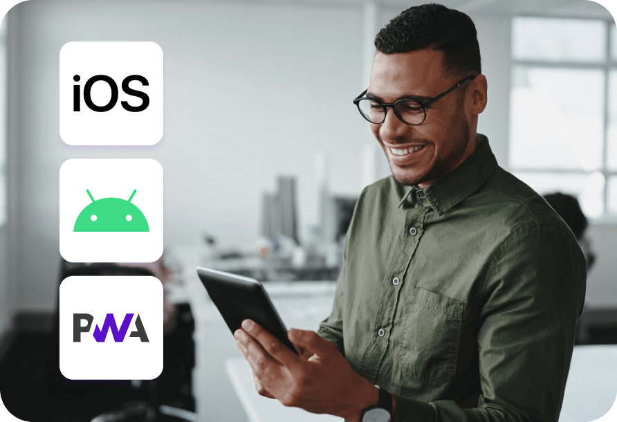 In a workspace, an individual holds a tablet with three icons floating in the air in front of them: iOS, Android, and PWA (Progressive Web App), each marked by their respective logos.