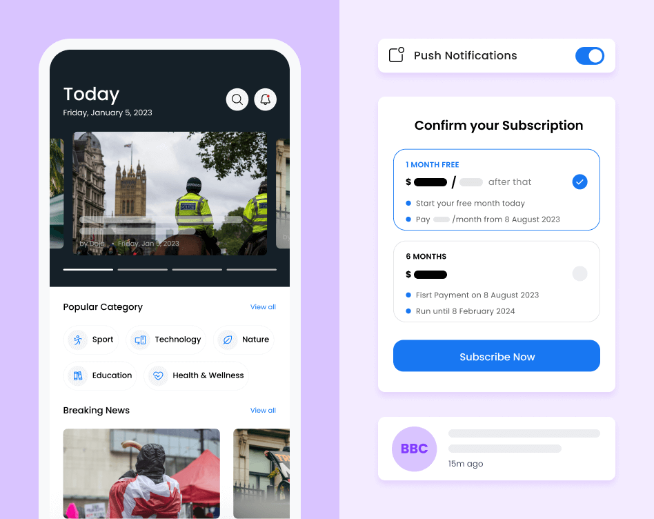 Branded news app interface showcasing breaking news, push notifications, subscription plans and a news feed.