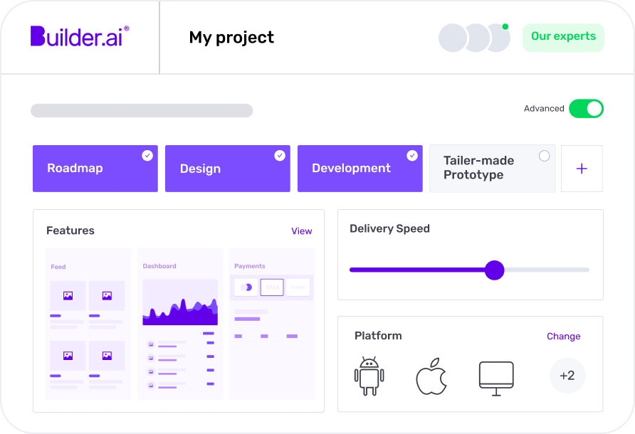 The Builder AI project management dashboard displays key aspects of project development including phases, delivery speed, supported platforms, and app features.