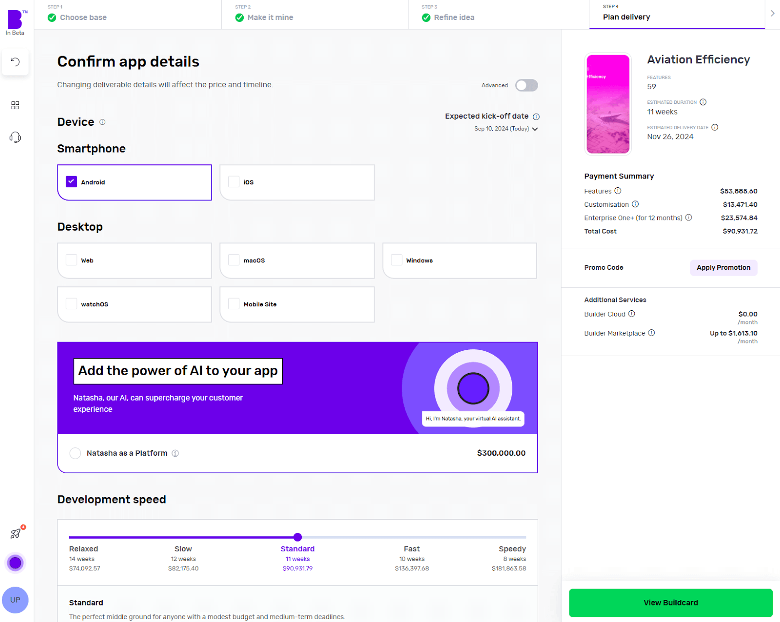 Builder Studio app planner screen. The screen highlights app platform selection, development speed and payment summary for Aviation Efficiency software.