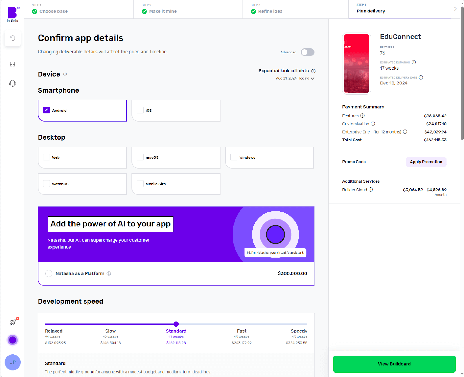 Builder Studio app planner screen highlights the EduConnect app. The screen highlights app platform selection, development speed and payment summary on the right panel.