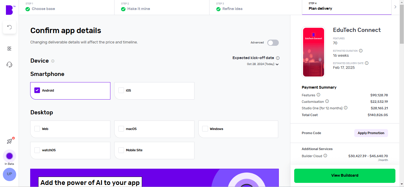 Builder Studio app planner screen. The screen highlights app platform selection, development speed and payment summary on the right panel for EduTech Connect.