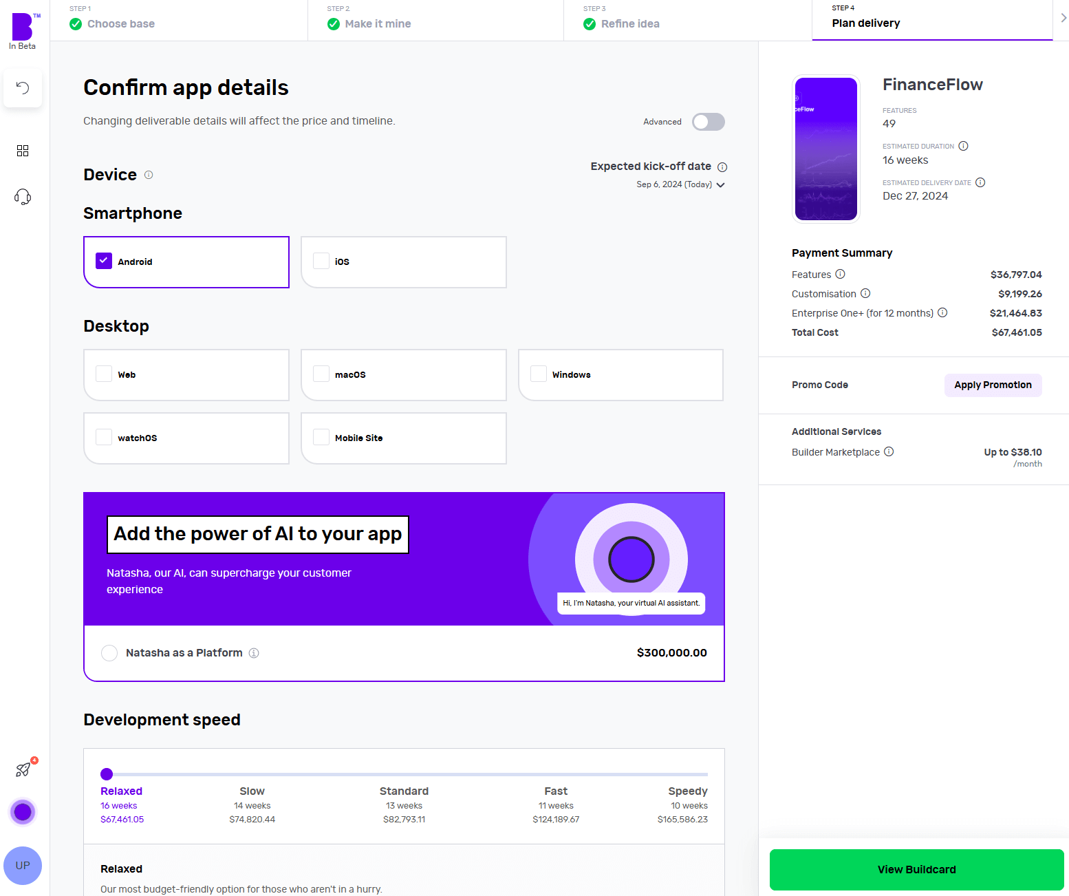 Builder Studio app planner screen. The screen highlights app platform selection, development speed and payment summary on the right panel.