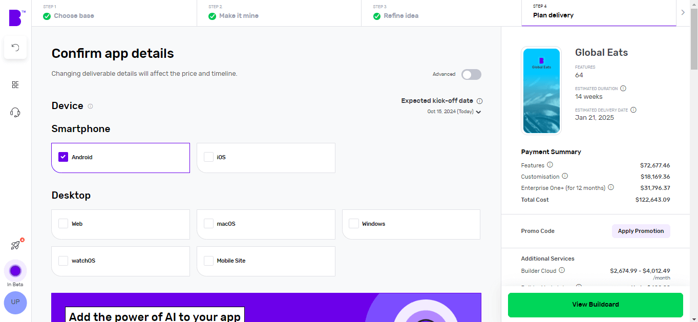 Builder Studio app planner screen. The screen highlights app platform selection, development speed and payment summary on the right panel.