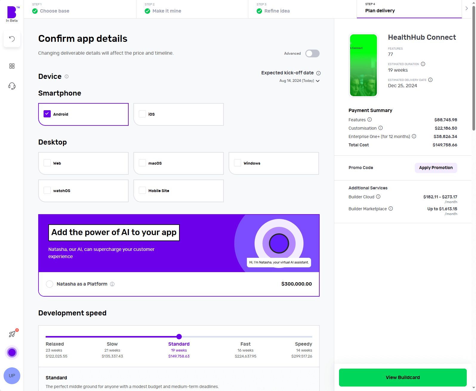 Builder Studio dashboard app planner screen highlights the HealthHub Connect app.