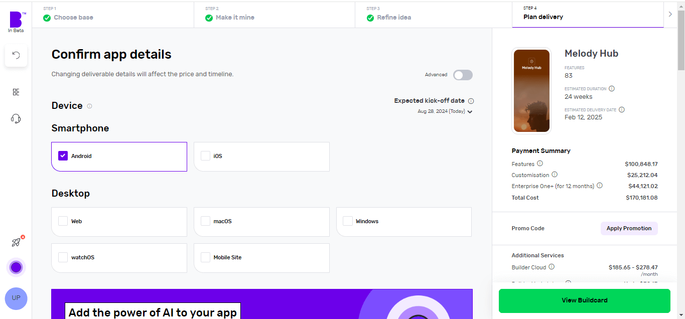 Builder Studio app planner screen. The screen highlights app platform selection, development speed and payment summary on the right panel.