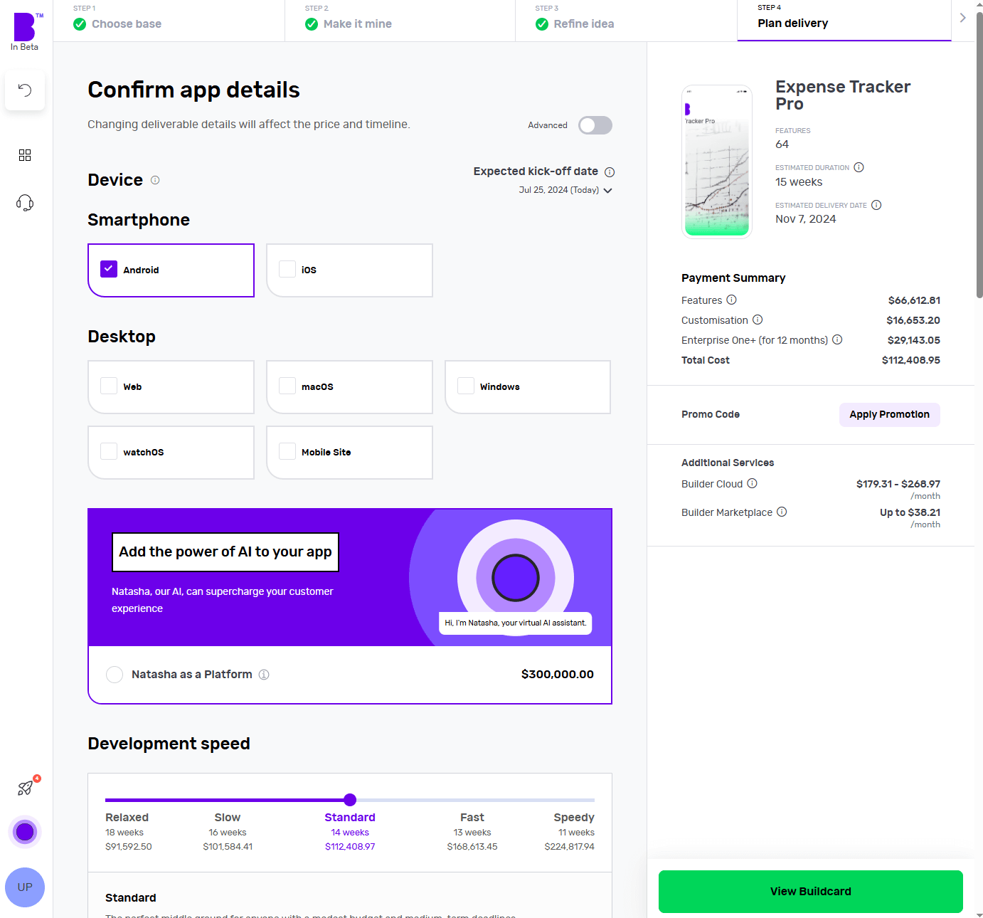 Builder Studio dashboard app planning screen highlights Expense Tracker Pro app