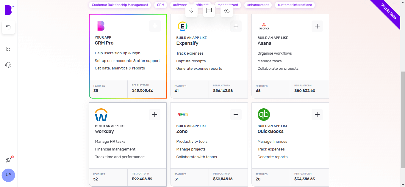 The Builder Studio dashboard screen highlights base templates for building CRM. The screen lists CRM Pro, Expensify, Asana, Workday, Zoho and QuickBooks as the recommended base templates.