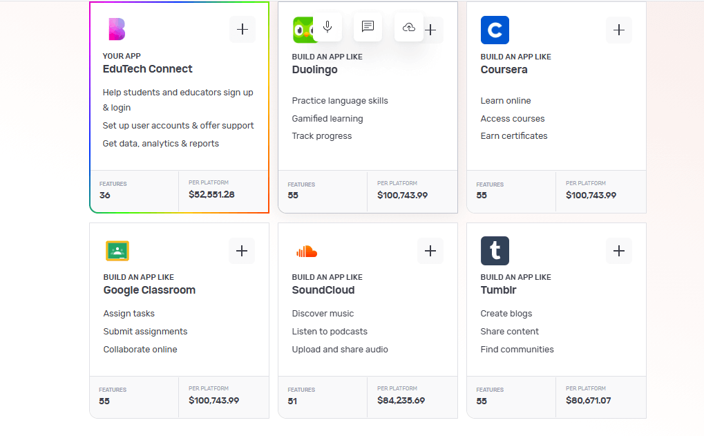 The Builder Studio dashboard screen highlights base templates for building CRM. The screen lists EduTech Connect, Duolingo, Coursera, Google Classroom, SoundCloud and Tumblr.