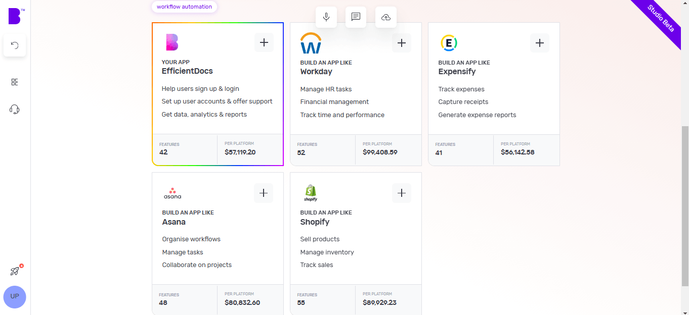 The Builder Studio dashboard screen highlights base templates for building EDMS. The screen lists EfficientDocs, Workday, Expensify, Asana and Shopify as recommended base templates.