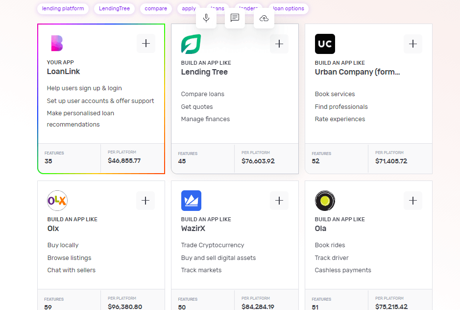 Builder Studio dashboard screen highlighting base templates to build a look-a-like app. The screen lists LendingTree, UrbanClap, OLX, WazirX and OLA as recommended base templates to build a fintech app.