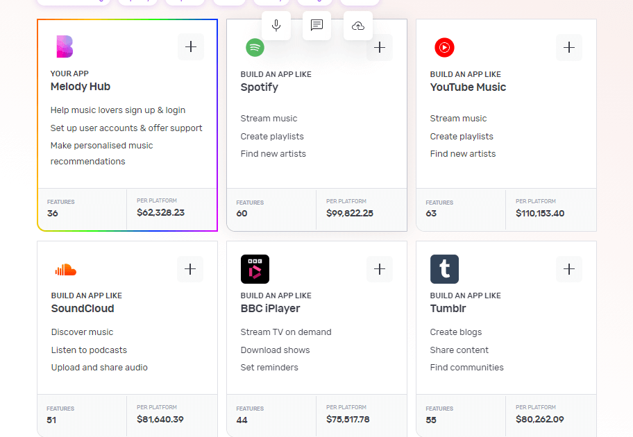 Builder Studio dashboard screen highlighting base templates to build a look-a-like app. The screen lists Melody Hub, Spotify, YouTube Music, SoundCloud, BBC iPlayer and Tumblr as recommended base templates to build a music streaming app.