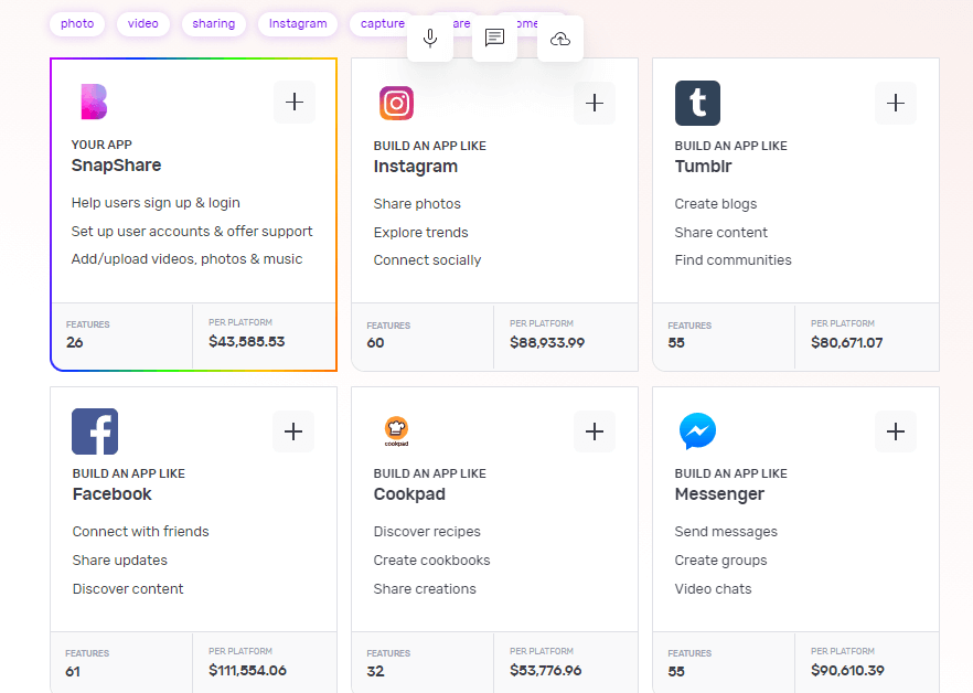 Builder Studio dashboard screen highlighting base templates to build a look-a-like app. The screen lists Snapshare, Instagram, Facebook, Cookpad and Messanger recommended base templates to build a video streaming app.