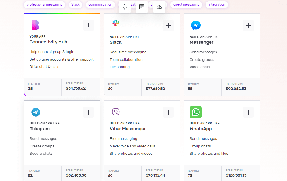 Builder Studio dashboard screen highlighting base templates to build a look-a-like app. The screen lists Connectivity Hub, Slack, Messenger, Telegram, Viber Messenger and WhatsApp as recommended base templates to build a professional messaging app.