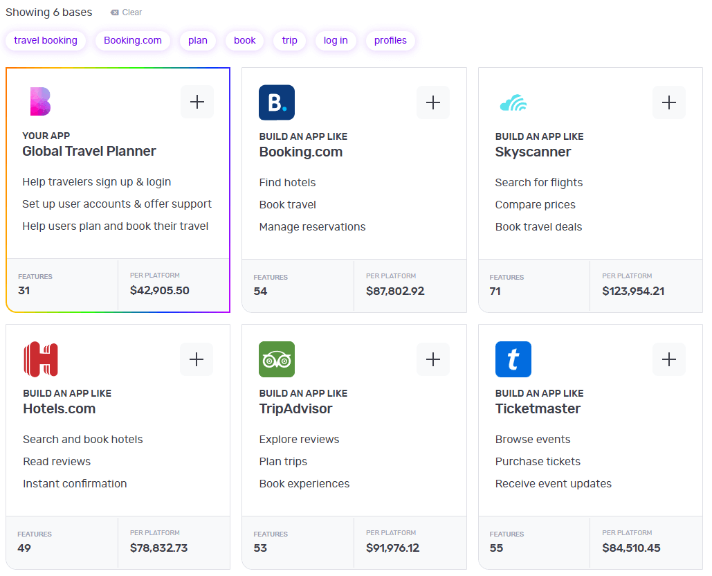 The Builder Studio dashboard highlights base apps like Booking.com, Skyscanner, Hotels.com, and TripAdvisor to help you build a travel app.