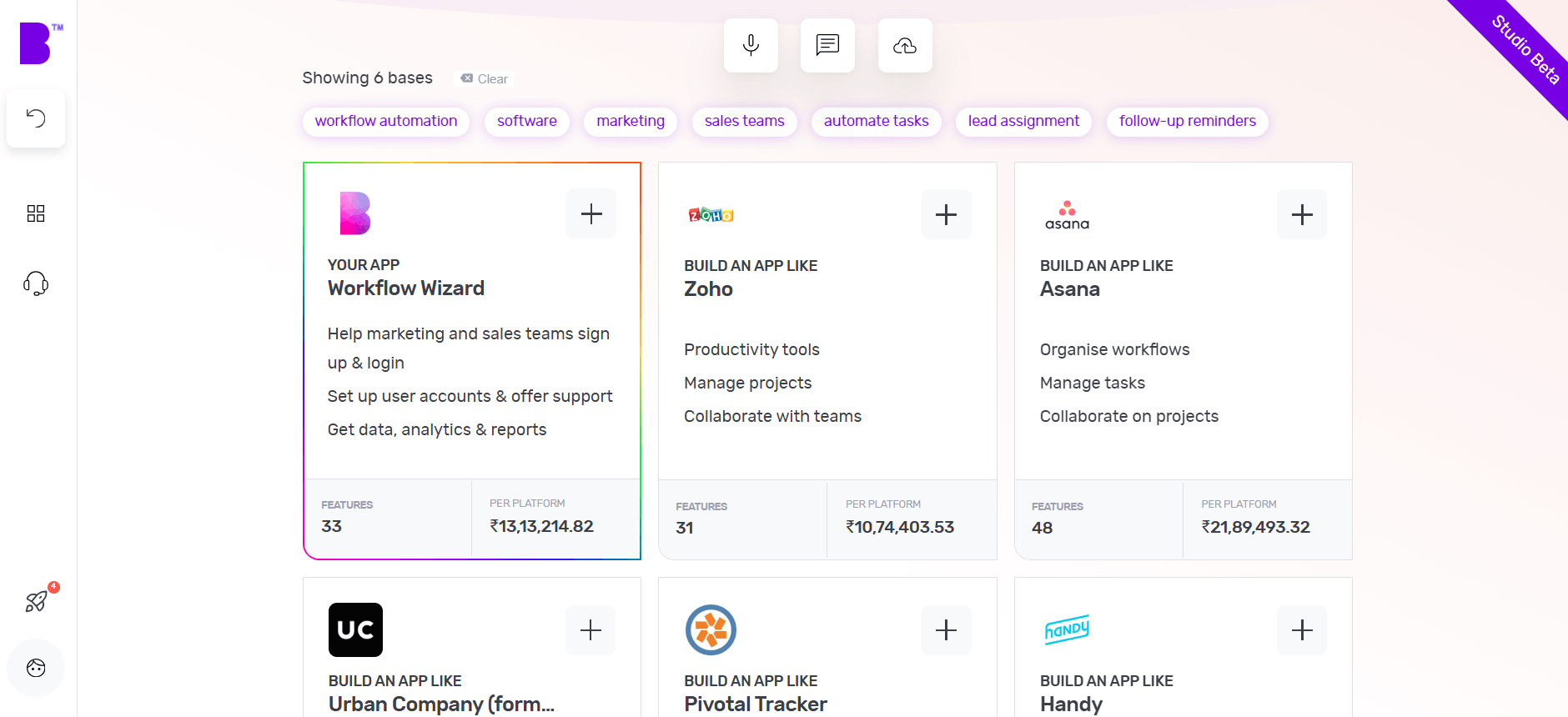 The Builder Studio dashboard screen highlights base templates for building workflow automation software. The screen lists Workflow Wizard, Zoho and Asana as recommended base templates.