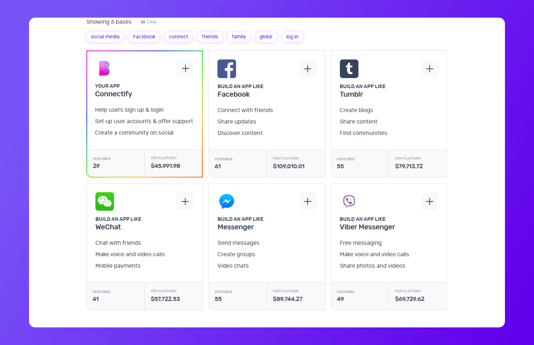 Builder Studio dashboard highlighting base apps to build a social network app