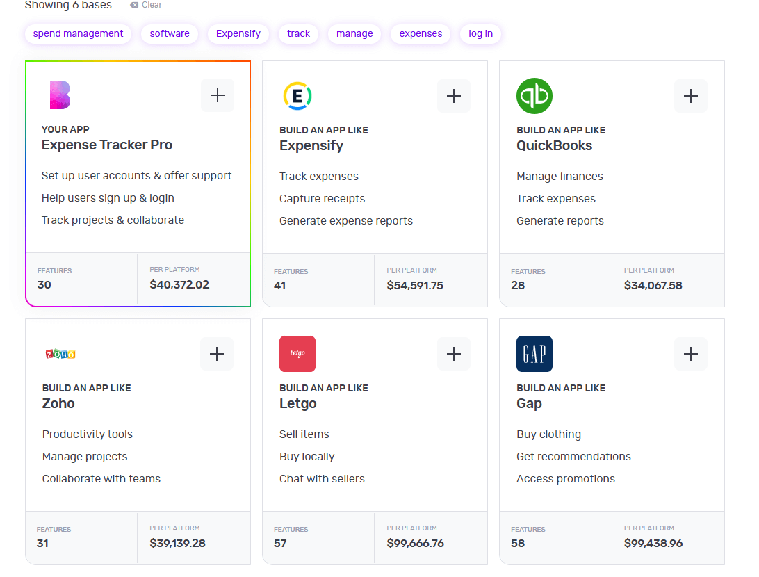 Builder Studio dashboard highlights base apps like Expensify, QuickBooks, Zoho and Lego to build an expense management app.