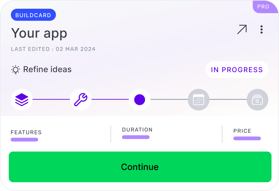 The Builder AI project management dashboard displays key aspects of project development including phases, delivery speed, supported platforms, and app features.