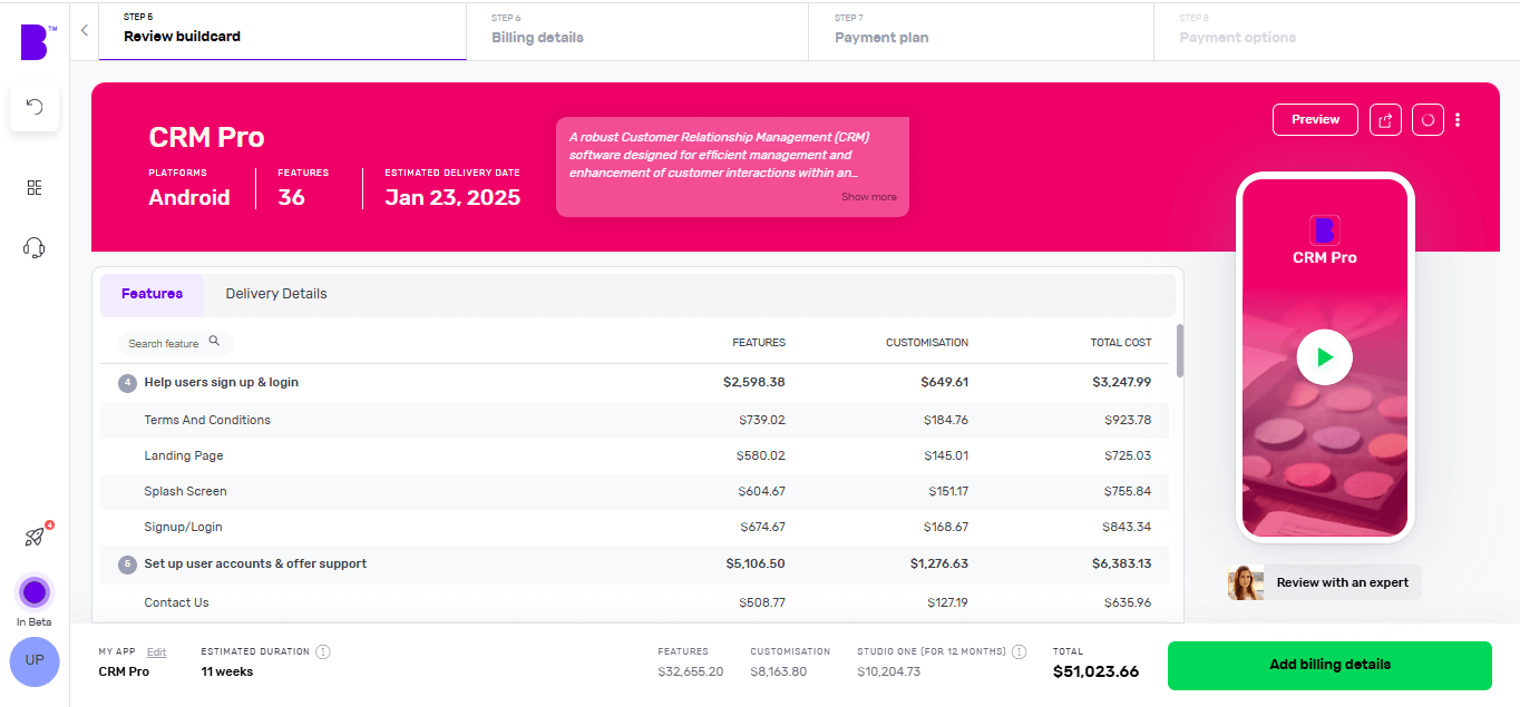 Builder Studio build card review screen. The screen highlights app platforms, number of features and expected delivery dates for CRM Pro.