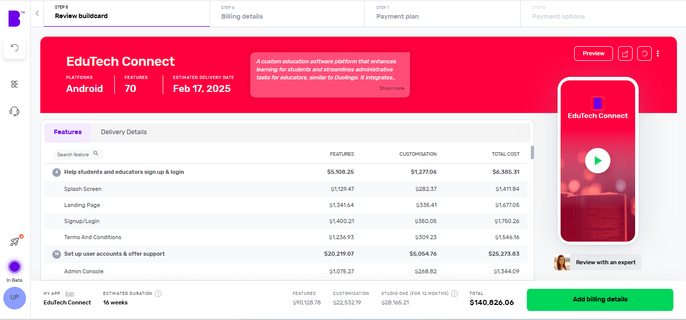 Builder Studio build card review screen. The screen highlights app platforms, number of features and expected delivery dates for EduTech Connect.