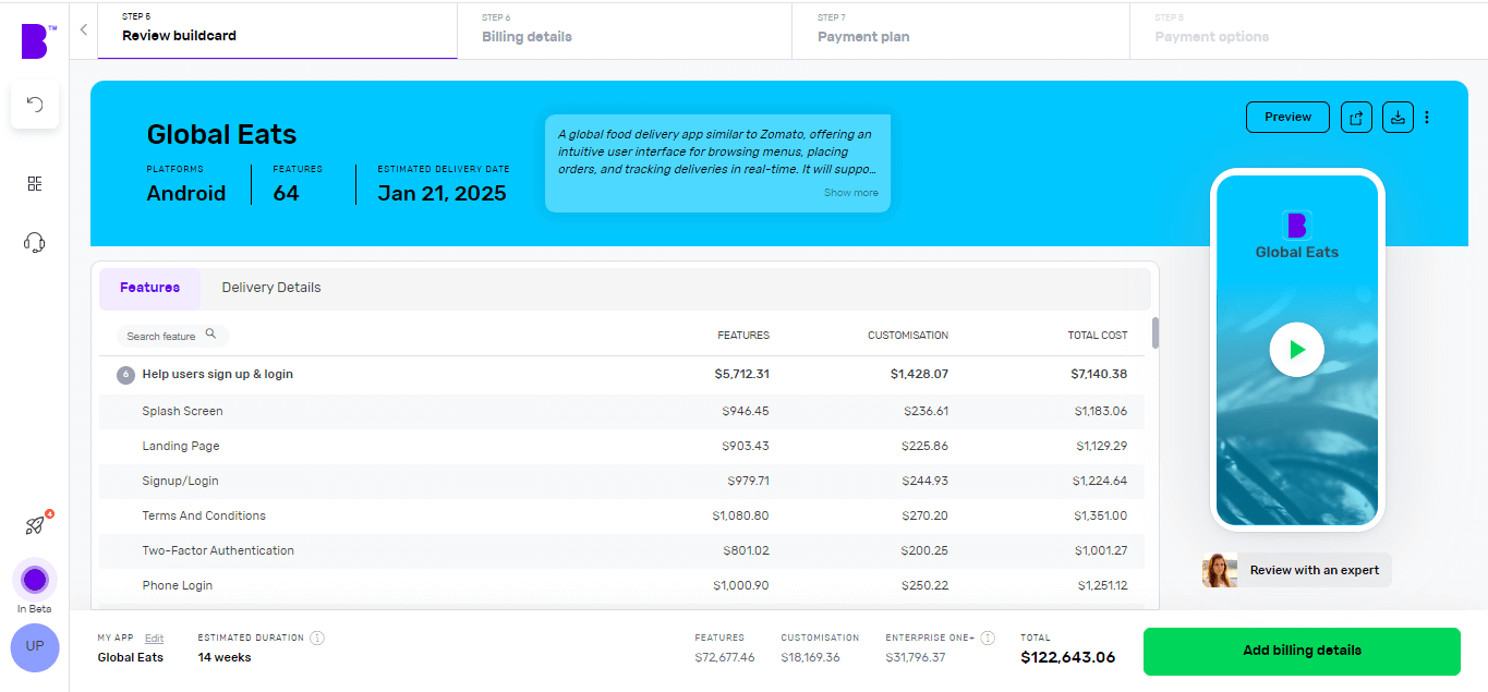 Builder Studio Buildcard review screen. The screen highlights app platforms, number of features and expected delivery dates.