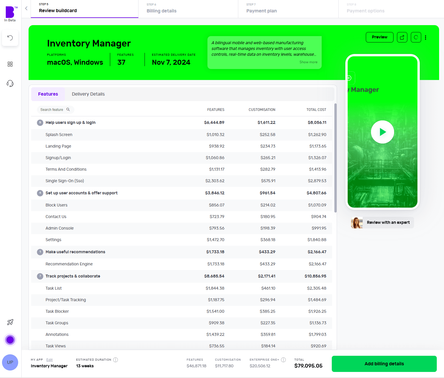 Builder Studio buildcard dashboard screen highlights the Inventory Manager app.