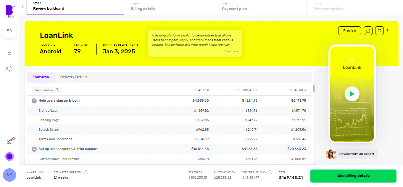 Builder Studio Buildcard review screen. The screen highlights app platforms, number of features and expected delivery dates.