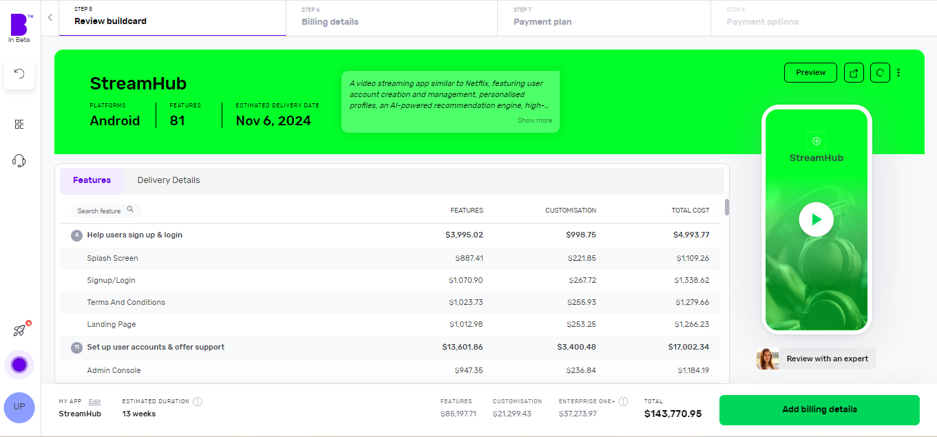 Builder Studio Buildcard review screen. The screen highlights app platforms, number of features and expected delivery date.