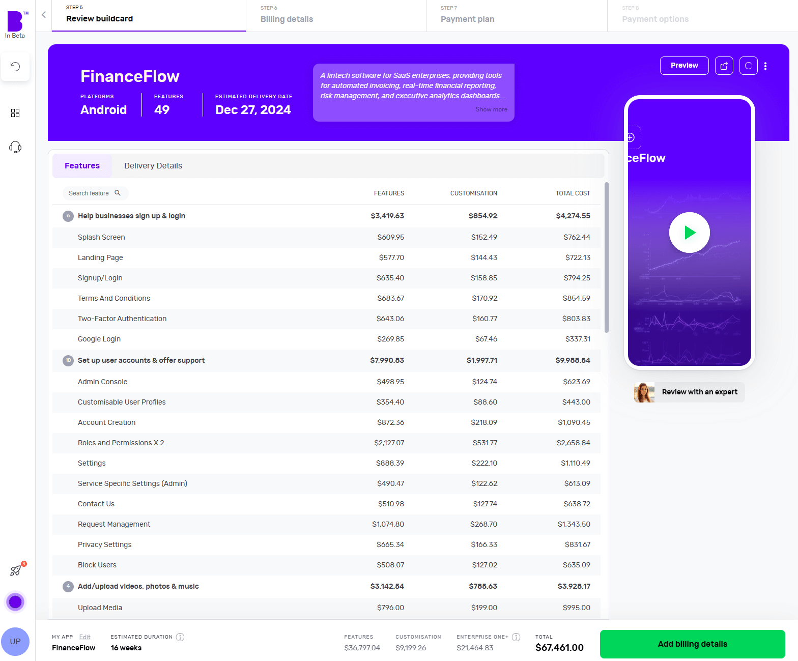 Builder Studio Buildcard review screen. The screen highlights app platforms, the number of features and expected delivery dates for the FinanceFlow app.