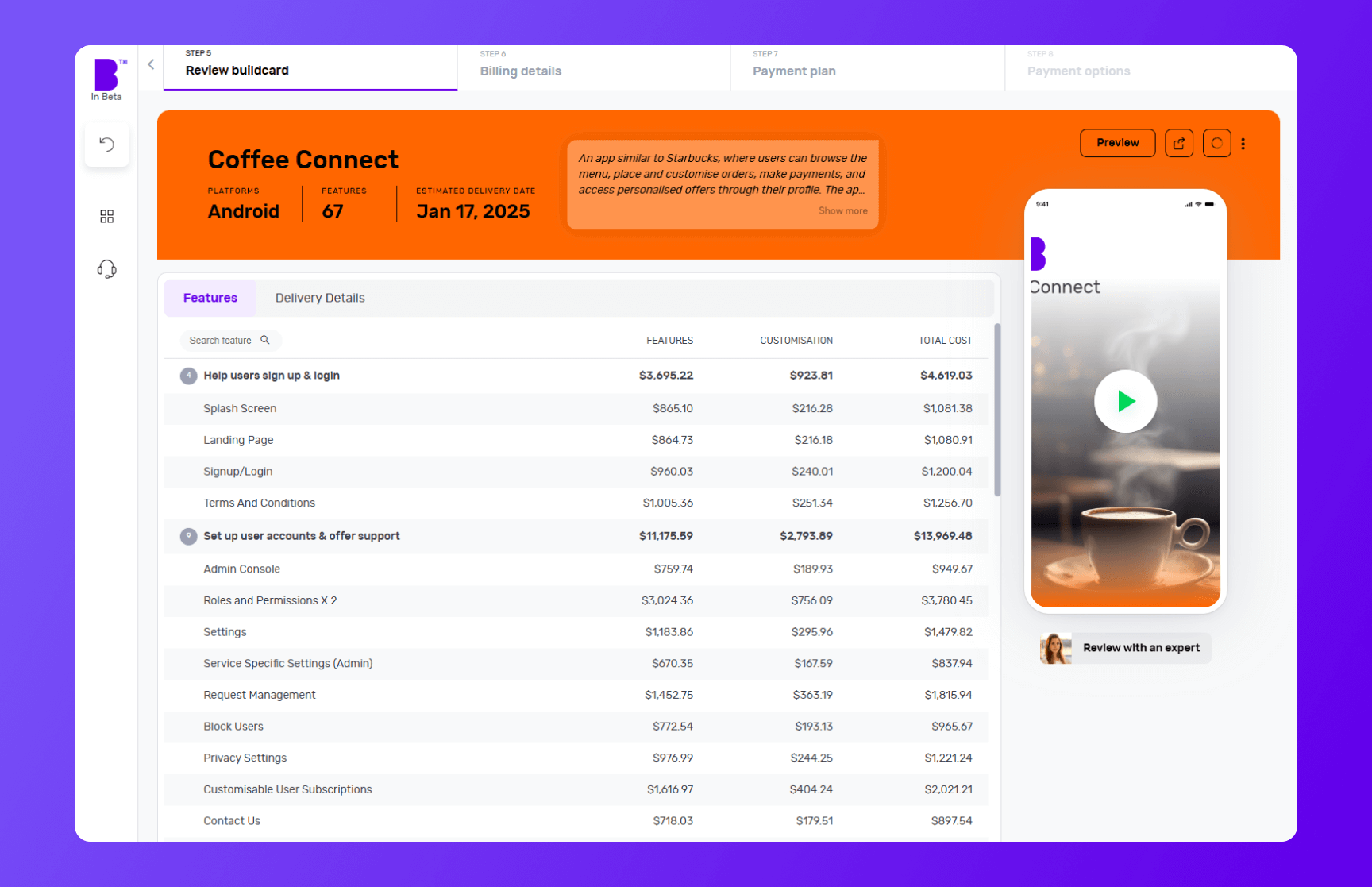 Builder Studio dashboard buildcard screen highlighting Coffee Connect app