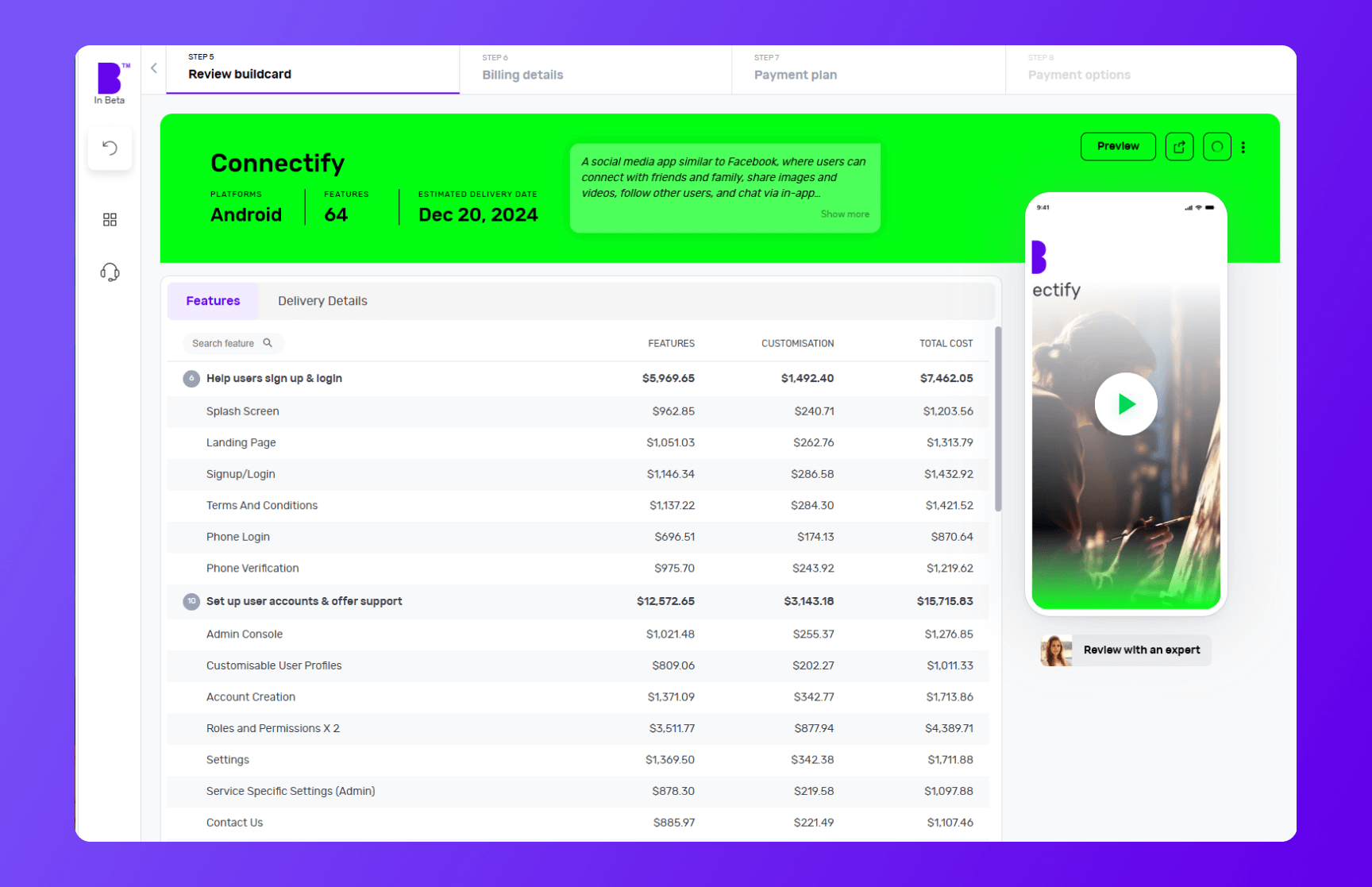 Builder Studio dashboard buildcard screen highlighting Connectify app