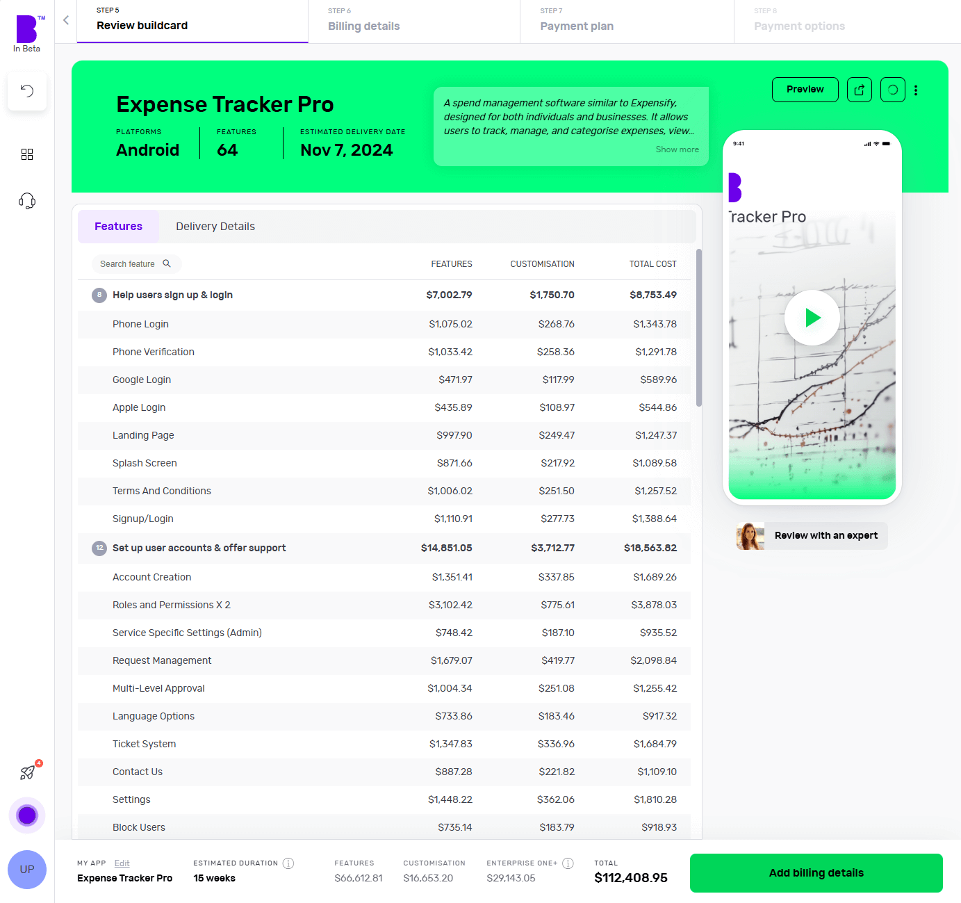 Builder Studio buildcard dashboard screen highlights Expense Tracker Pro app