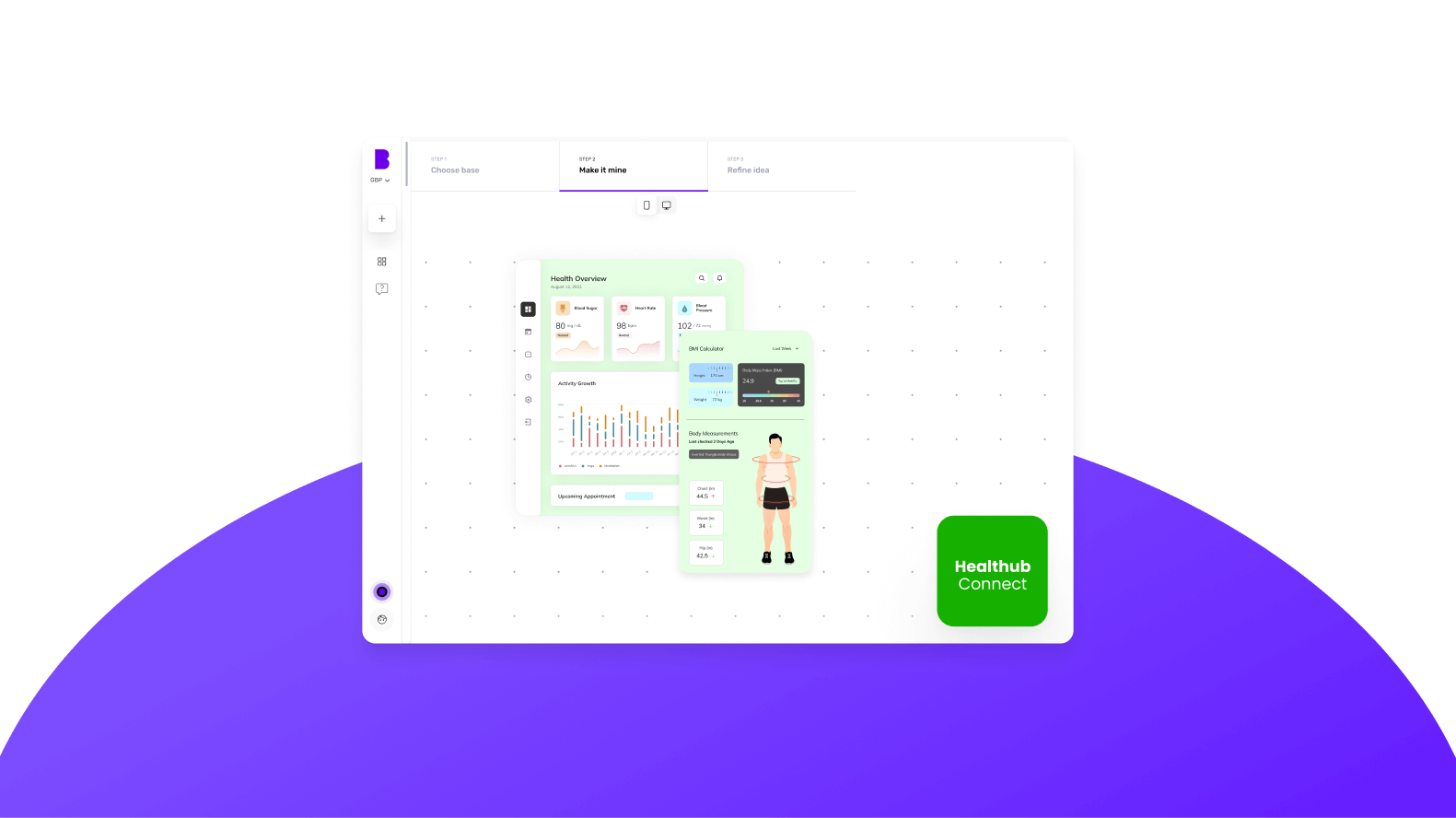 Builder Studio dashboard features healthcare software, Healthub Connect