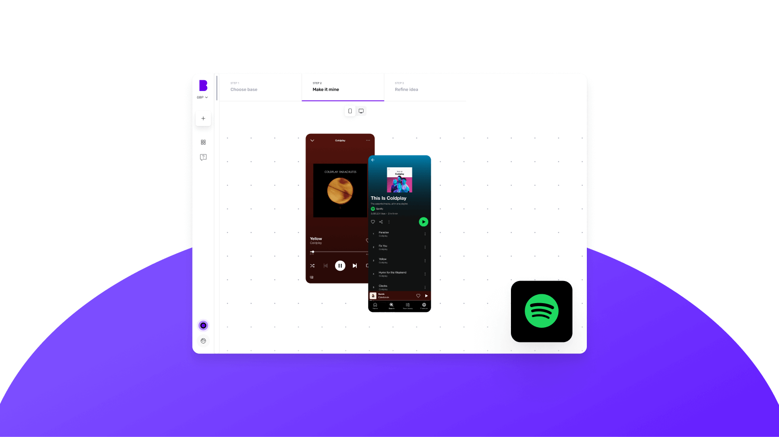 Builder Studio dashboard features a music streaming app, Spotify