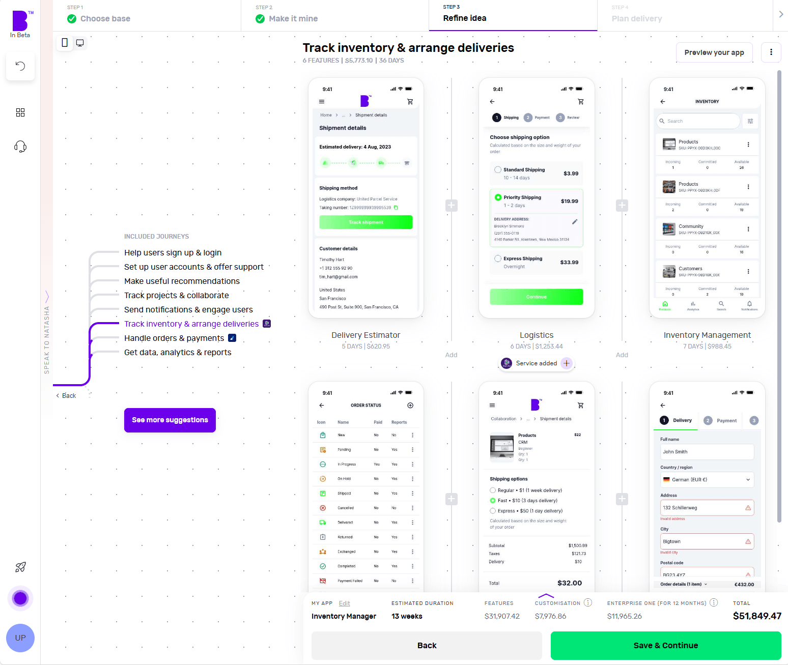 Builder Studio dashboard highlights the app feature customisation screen which enables an app creator to add, remove or customise their application features.