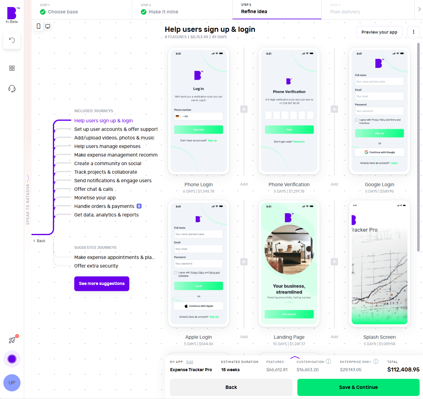 Builder Studio dashboard highlights app feature customisation screen for Expense Tracker Pro app.