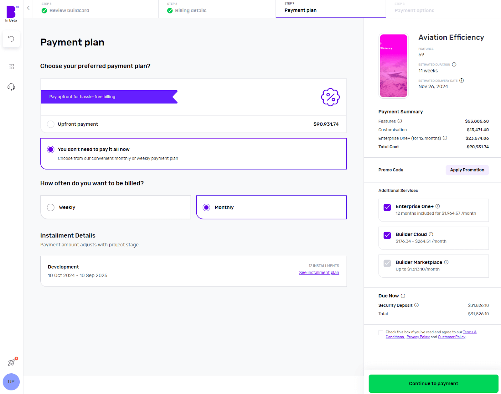 Screenshot of Builder Studio dashboard for app payment planning. The screen shows the project's cost, and how often you pay. The details of each payment, the payment summary and other services for Aviation Efficiency software project.